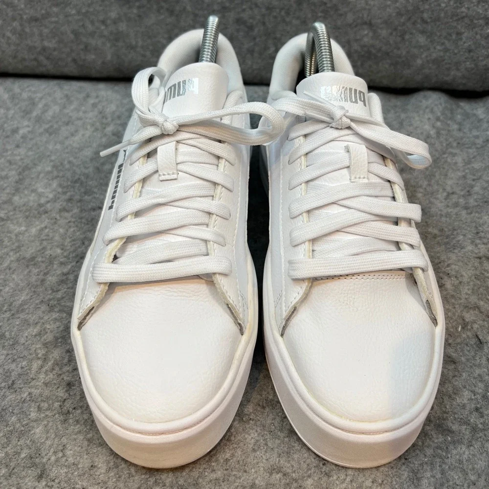 Puma White Leather Platform Sneakers Casual‎ Lace Up Shoes Classic Women's 8.5